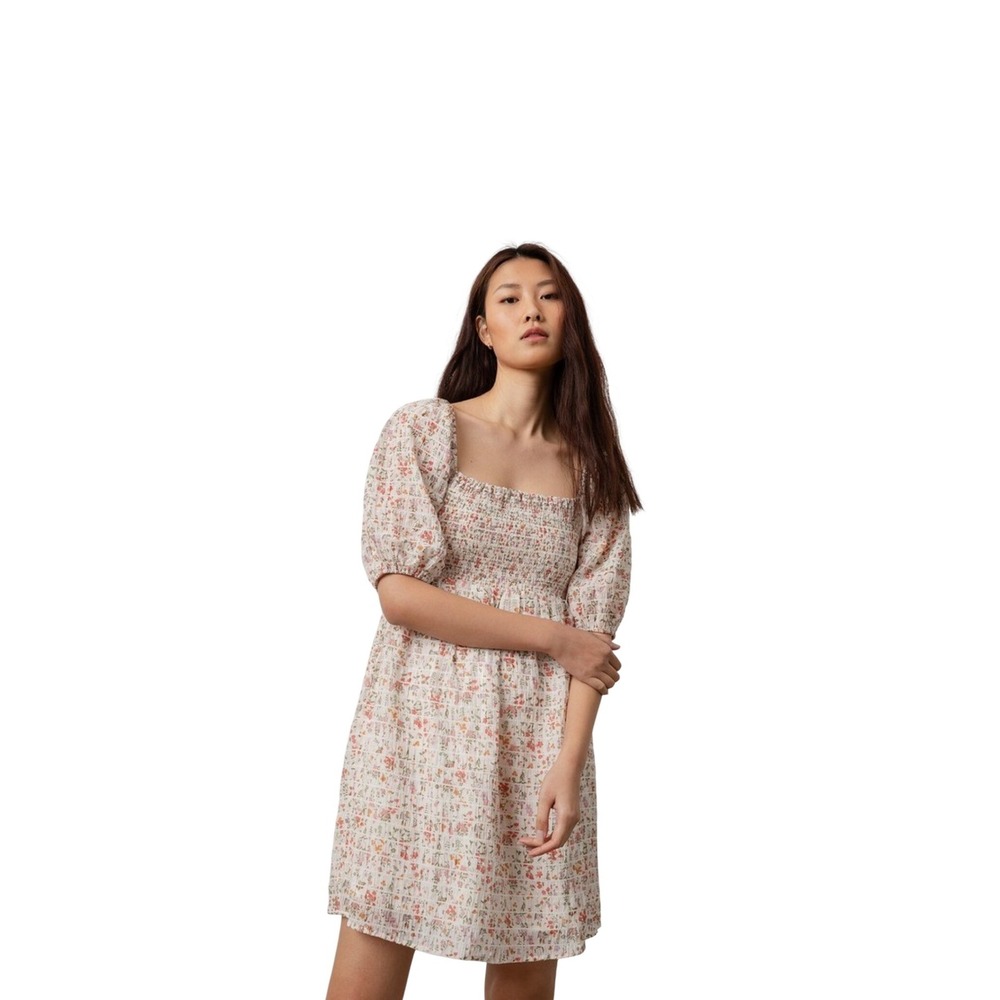 Rails Geena Floral Smocked Mini Dress XL White Puff Sleeve Square Neck NWOT